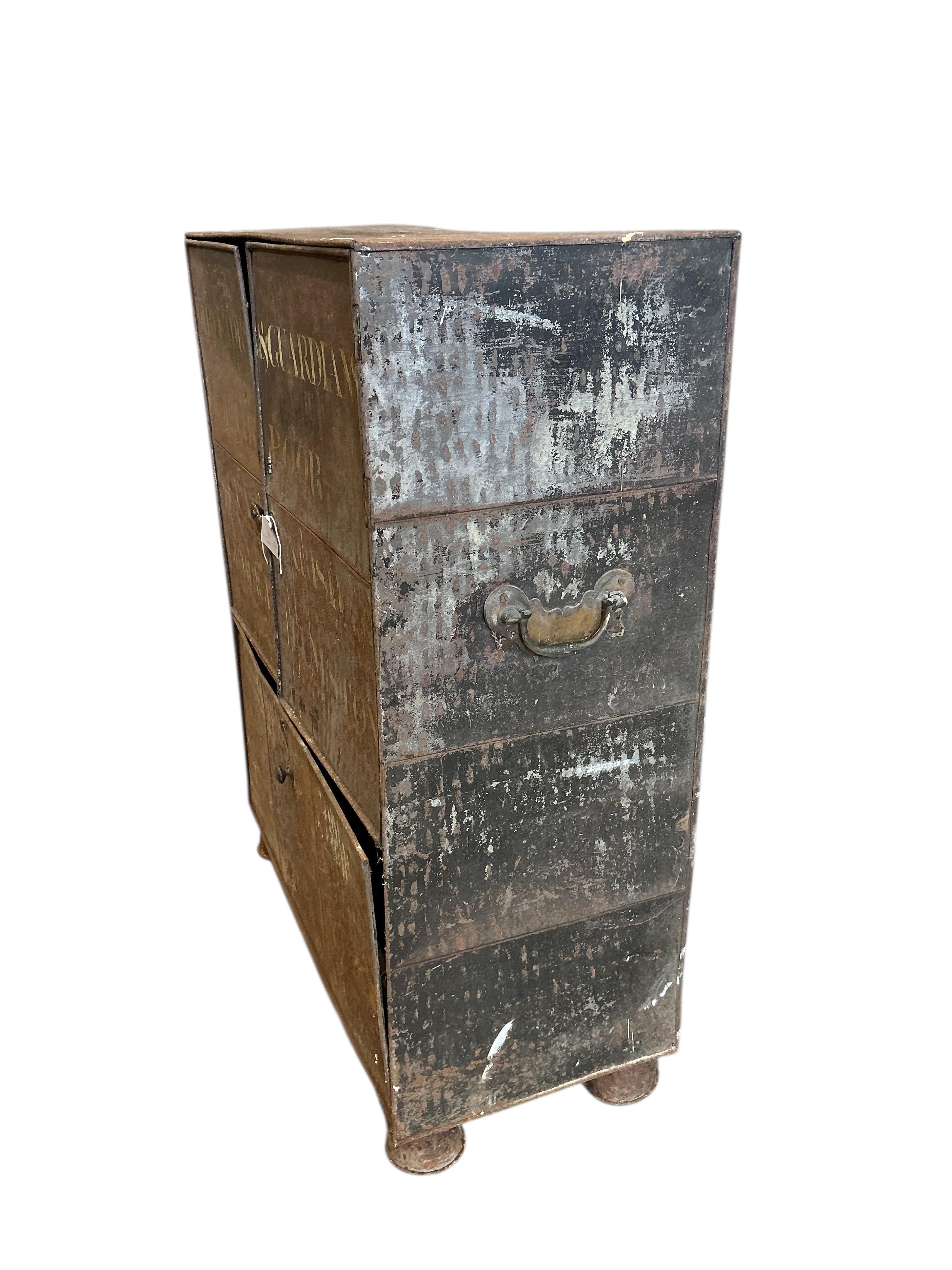 An early 19th century metal Alms chest with traces of original paint, the front with original stencilled legend 